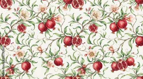 Watercolor pomegranate fruit and flower seamless pattern on white background