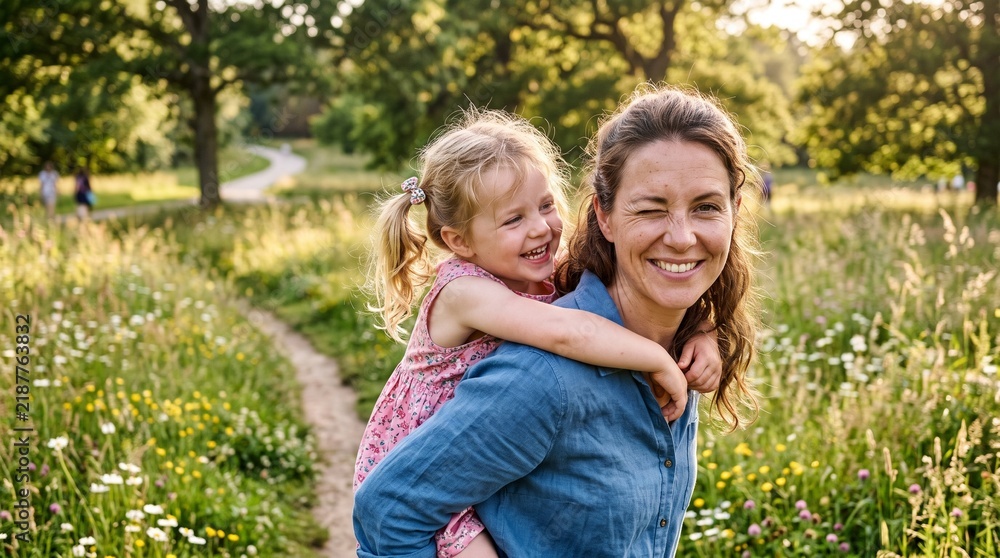 Fototapeta premium Mother giving daughter piggyback ride in sunny park with wildflowers and trees