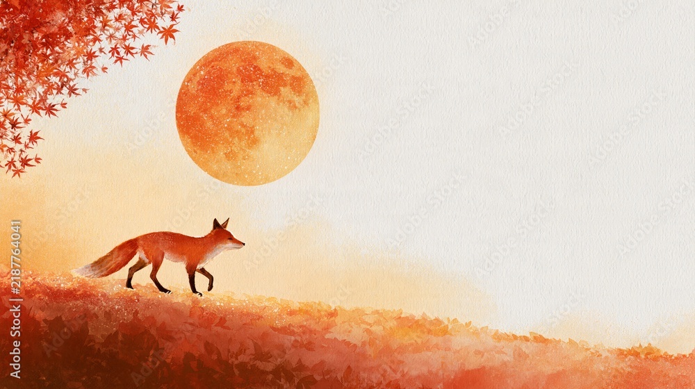 Fototapeta premium Solitary red fox walking across an autumn hillside beneath a large glowing orange moon, framed by watercolor maple leaves and warm crimson, amber and sunset-toned landscape