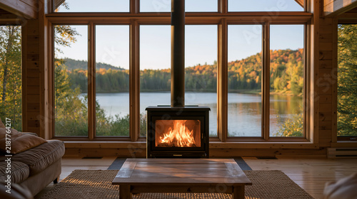 Cozy wooden cottage with glowing fireplace and large windows overlooking a serene lake surrounded by colorful autumn forest, peaceful luxury retreat, fall travel, cabin interior,