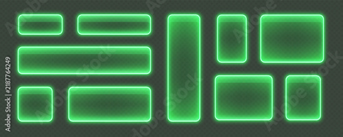 Glossy neon buttons, glowing glass banners in green color. Transparent rectangular frames with LED light. Futuristic tech boxes for user interface. Vector illustration shapes.
