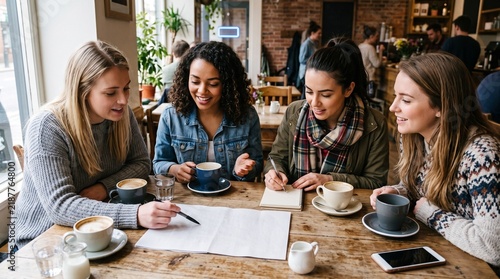 Four young women friends collaborating on a project at a coffee shop table