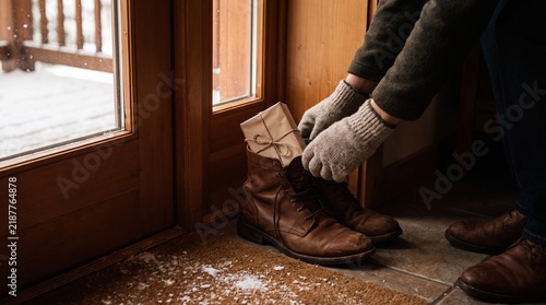 Person wearing gloves places a gift wrapped in brown paper into a brown leather boot by a wooden door in winter