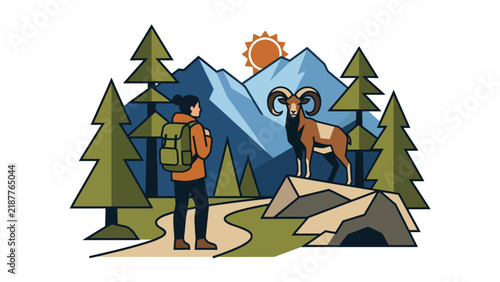 Hiker observing a mountain goat in a lush forested landscape with mountains