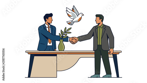 Business professionals shaking hands with dove representing peace during negotiation