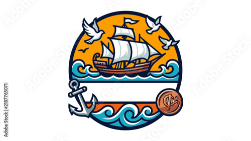 Vintage maritime emblem featuring sailing ship and waves representing Cyprus independence