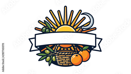 Basket of oranges and olives with sun and moon graphic for Cyprus Independence