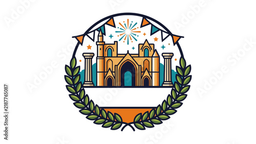 Stylized illustration of Cyprus Independence with historical building and festive elements