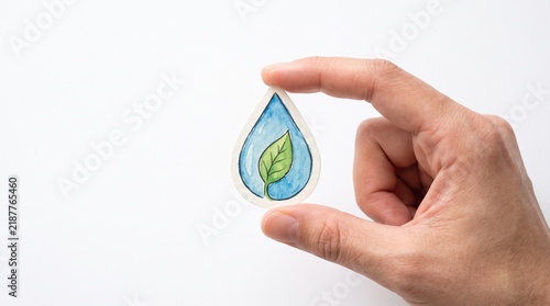 Hand holding a water drop with a green leaf inside symbolizing environmental protection and sustainability