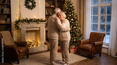 Elderly Couple Dancing Together Embracing Warmly by a Decorated Christmas Tree and Fireplace