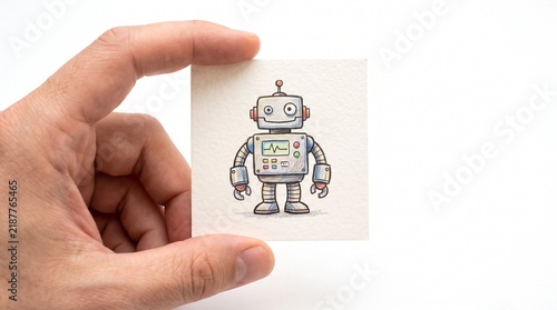 Tiny Handheld Robot Drawing Held by Human Finger on White Background