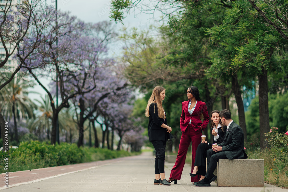 Fototapeta premium Diverse business professionals having a meeting outdoors in a park, discussing ideas and collaborating casually