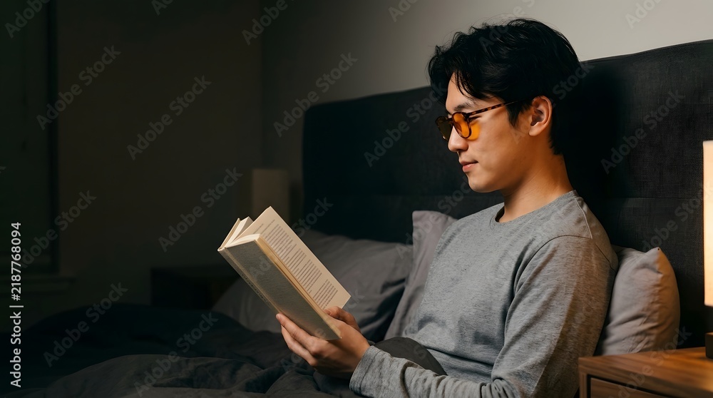 Obraz premium Asian man wearing blue light blocking glasses reading book in bed at night