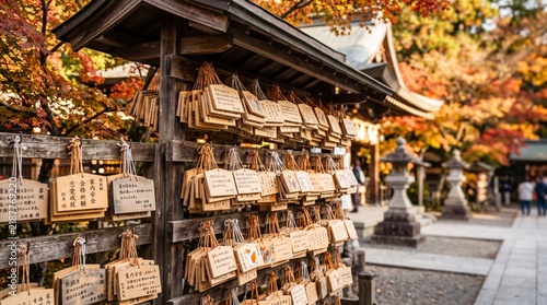 Fototapeta 神社の絵馬掛けに並ぶたくさんの願い事が書かれた絵馬の背景