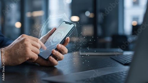 Cyber security concept featuring man using fingerprint biometric authentication on smartphone with digital shield overlay for data protection and secure mobile access in office setting.