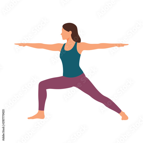 Woman athletic dark hair teal top purple leggings yoga warrior two pose.