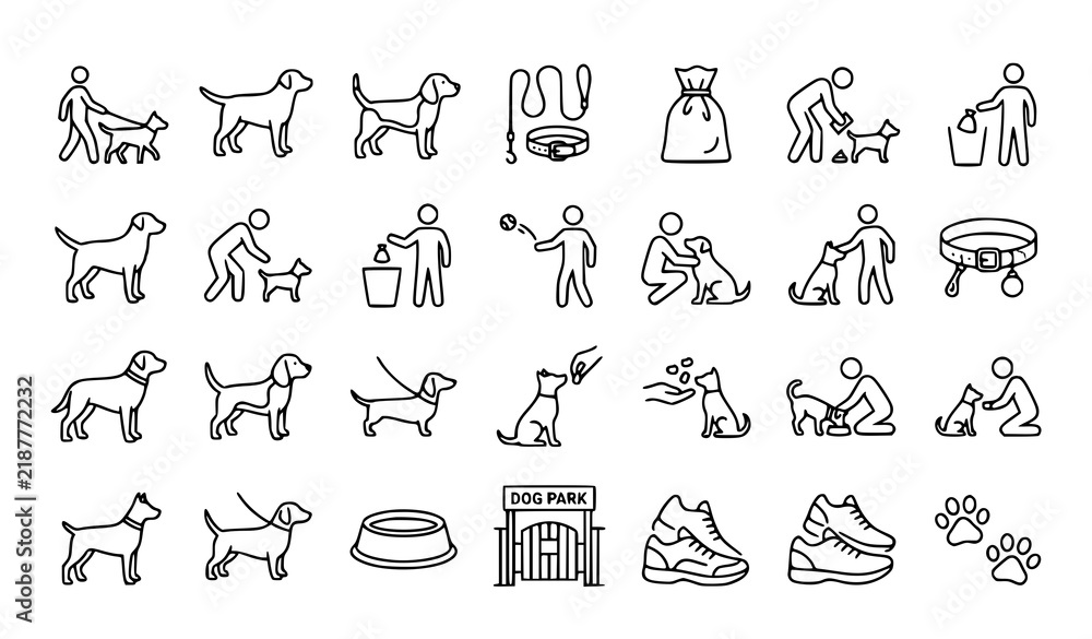 Obraz premium Dog Walking Pet Care Icon Set Hand Drawn Line Art Leash Poop Bag Bowl Vector Illustration Collection