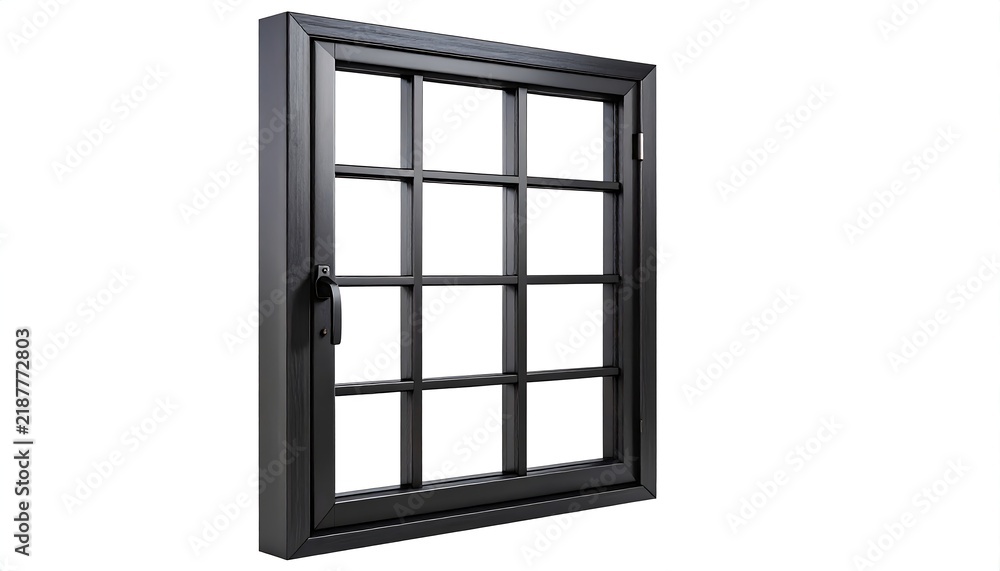 Obraz premium Modern black metal framed window with glass grid panes isolated on white background