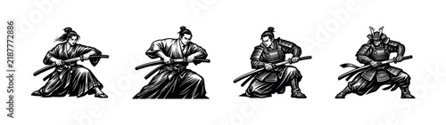 Foto Black and white samurai warriors silhouette illustration japanese swordsmanship