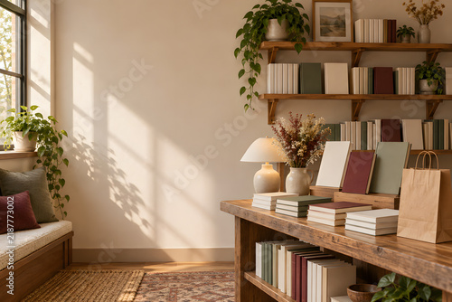 Cozy Reading Nook: A sunlit window seat adorned with lush plants and colorful cushions creates a tranquil haven next to a rustic bookshelf filled with an array of books and decorative items.