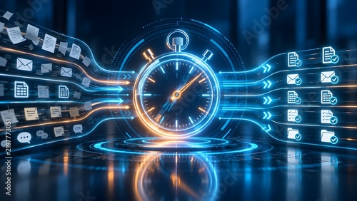 Futuristic Glowing Stopwatch Synchronizing Data Streams of Emails and Documents Representing Efficient Digital Workflow and Time Management