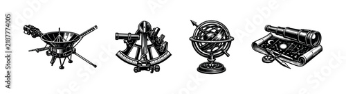 Konstfotografi Astronomy tools vintage vector illustration featuring telescope sextant astrolab
