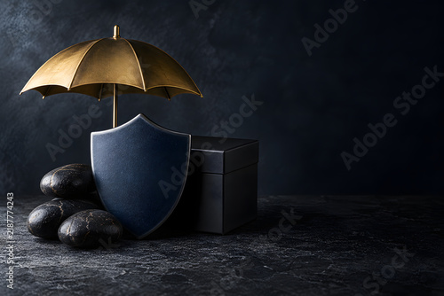 Shield of Protection: A symbolic representation of security and resilience, featuring a metallic shield and umbrella standing guard over a dark stone and a closed box.