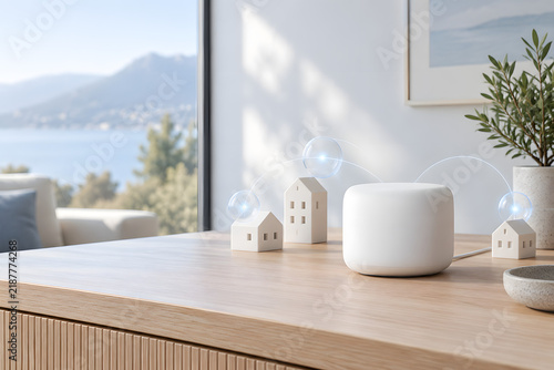 Smart Home Hub: A sleek, modern smart home hub rests on a wooden desk, surrounded by minimalist house figurines and a vase of greenery, with a scenic ocean view visible through a large window.