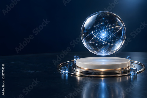 Crystal Globe of Knowledge: A levitating crystal sphere, illuminated by internal blue light and intricate glowing lines, rests on a pedestal, symbolizing technology, science, and global connectivity.