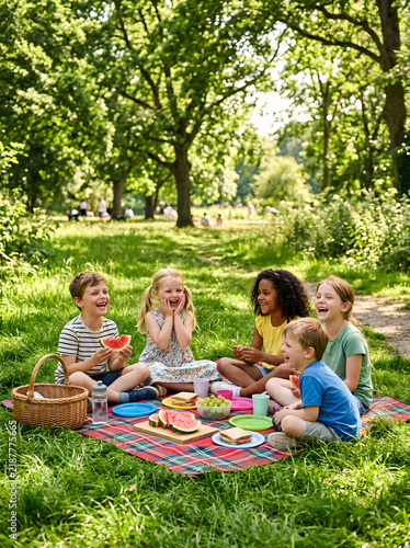 Diverse Happy Children Enjoying a Summer Picnic in a Sunny Green Park