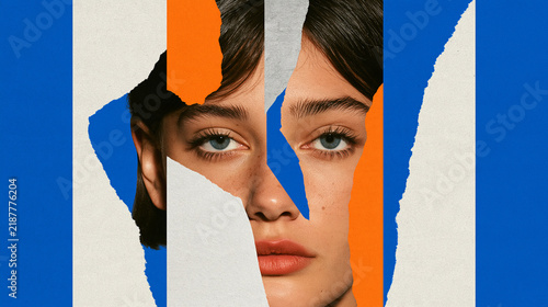 Artistic portrait created with collage technique, fragmented facial elements, torn paper edges, bold color blocking and layered textures, contemporary fashion art, creative