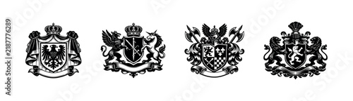 Regal crest silhouette collection, black and white vector illustration of heraldic elements