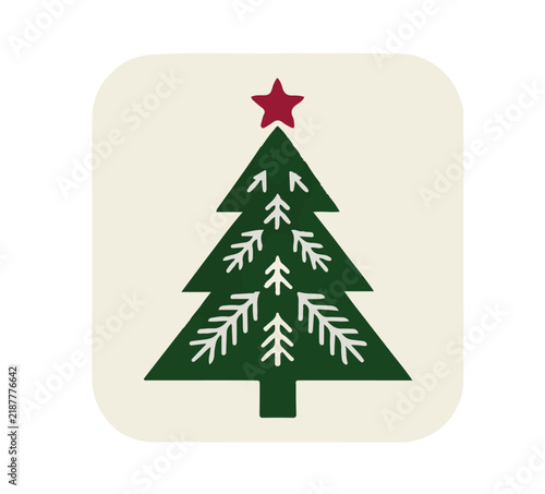 Retro Scandi Winter Decorated Green Christmas Tree Vector Icon