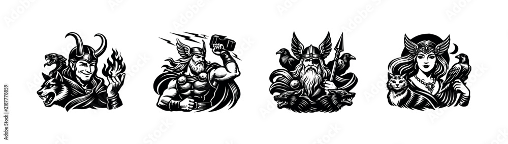 Obraz premium Nordic mythology characters vector illustration, black and white silhouette style