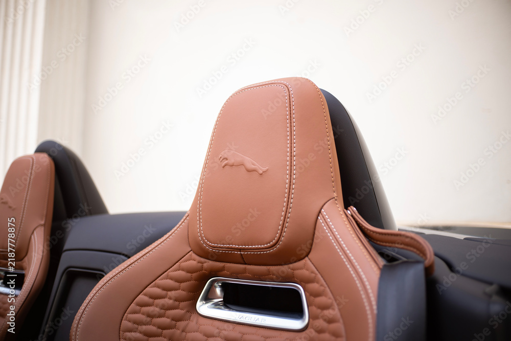 Obraz premium Jaguar F-Type Cabriolet Sports Car Tan Leather Seat Headrest Interior Detail