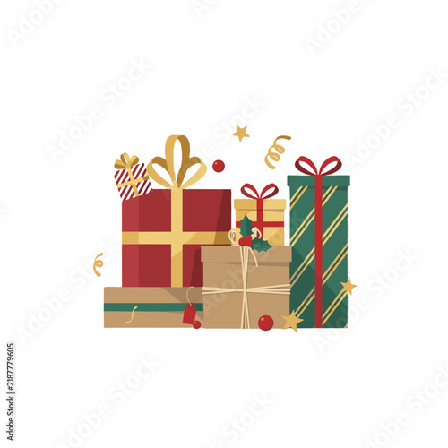 A pile of festive gift boxes wrapped in colorful paper and ribbons, ready for holiday celebrations.