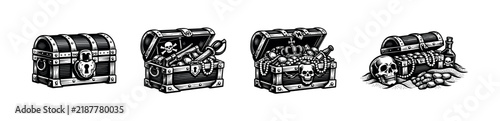Pirate treasure chests with skulls and coins illustration set, black and white vector elements