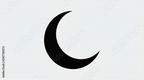 This minimalist graphic features a solid black crescent moon shape isolated against a clean white backdrop.