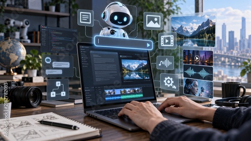 Prompt Engineering for Artificial Intelligence Content Generation: Person Using Laptop with Chatbot and Automation Icons for Digital Workflow