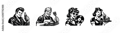 Retro black and white vector illustrations of vintage characters with burger vinyl record and soda