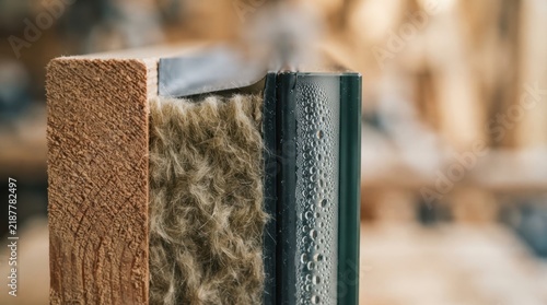 Building envelope sample with insulation fibers timber grain low e glass seal and condensation droplets