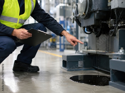 An industrial worker inspects a leaking machine, pointing at the oil dripping onto the factory floor.