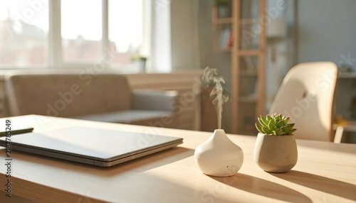 Modern home office workspace with laptop.