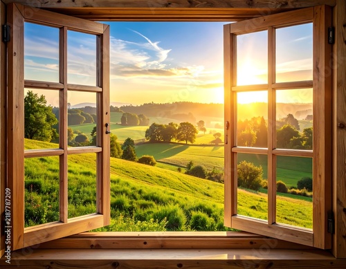 Open wooden window overlooking a lush green countryside at sunrise. Perfect for travel and nature relaxation concepts.