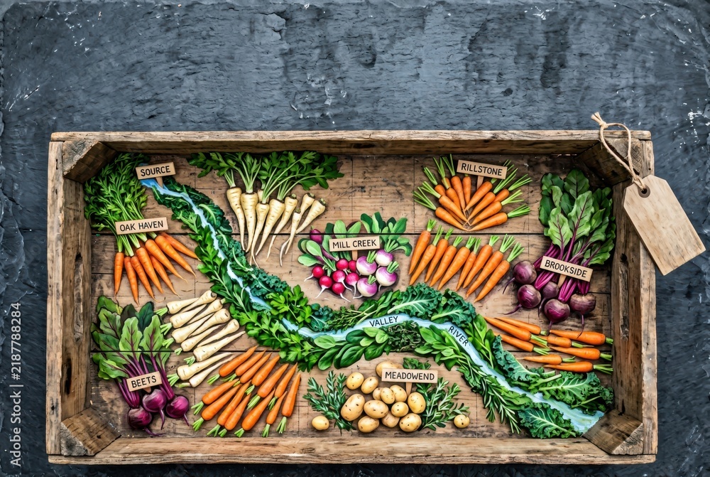 Fototapeta premium Rustic Vegetable Map of Root Crops in Wooden Tray