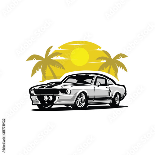 Classic muscle car in beach vector illustration. American muscle car vector