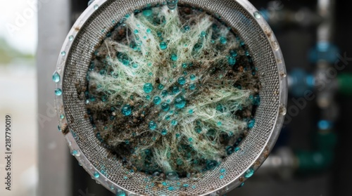 Porous filter cartridge trapping fine sediment and turquoise droplets in a wastewater purification system.
