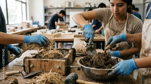 Architecture students mixing sugarcane bagasse fibers into earthen mortar with trowel, gloves, and block molds