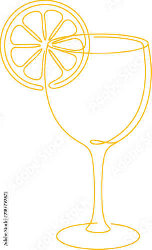 Single continuous line of a wine glass with a lemon slice garnish on a plain white background, yellow color