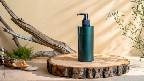 Matte Dark Green Cosmetic Pump Bottle on Wood Slice Pedestal